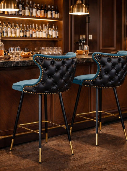Vaya Home Roket bar stools in blue and black upholstery, styled at a luxe bar counter.