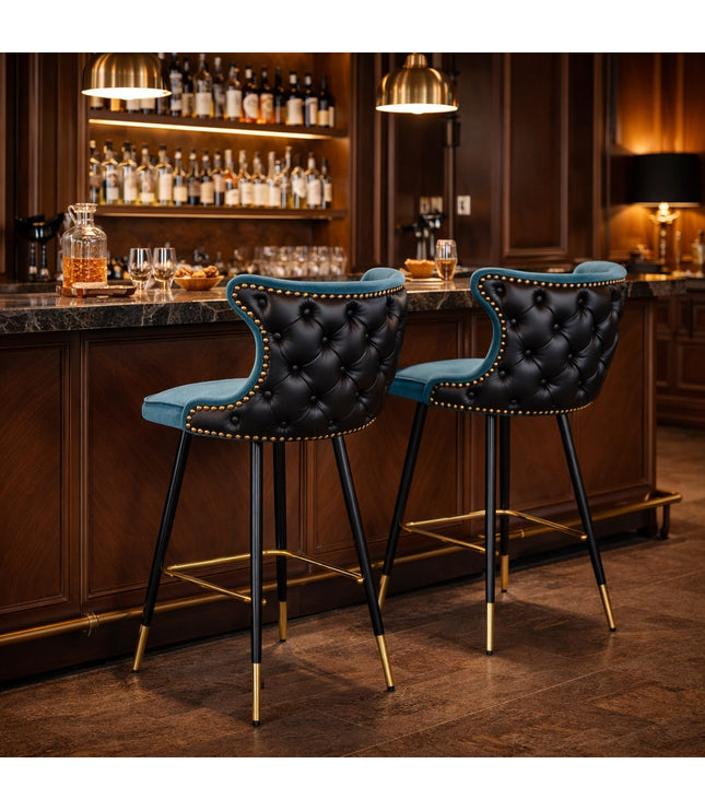 Vaya Home Roket bar stools in blue and black upholstery, styled at a luxe bar counter.