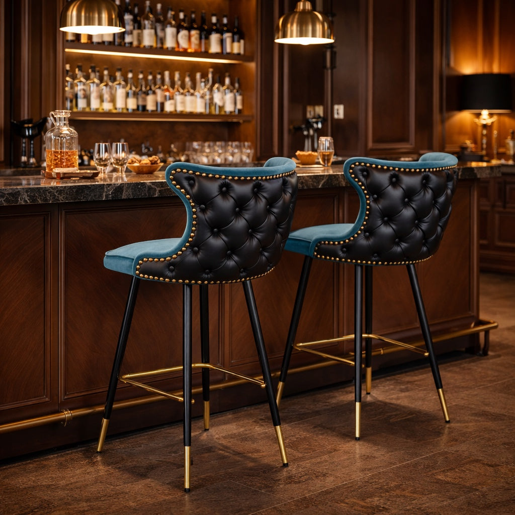 Vaya Home Roket bar stools in blue and black upholstery, styled at a luxe bar counter.