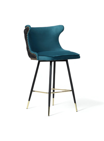 Product view of the Vaya Home Roket bar stool in blue and black upholstery with a tufted back and black metal legs with gold accents.