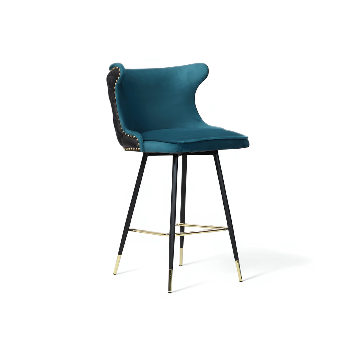 Product view of the Vaya Home Roket bar stool in blue and black upholstery with a tufted back and black metal legs with gold accents.