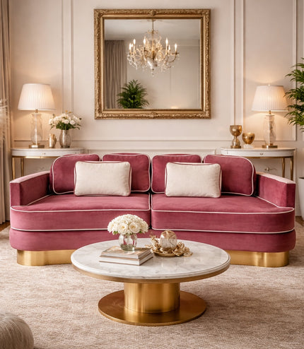 Vaya Home Rose curved sofa in pink velvet with a gold base, styled in an elegant living room.