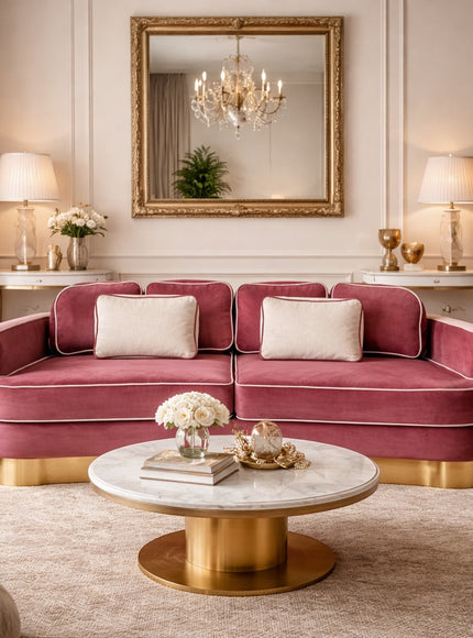 Vaya Home Rose curved sofa in pink velvet with a gold base, styled in an elegant living room.