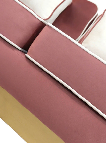 Close-up of the Vaya Home Rose sofa showing pink velvet upholstery, contrast piping, and gold base detail.