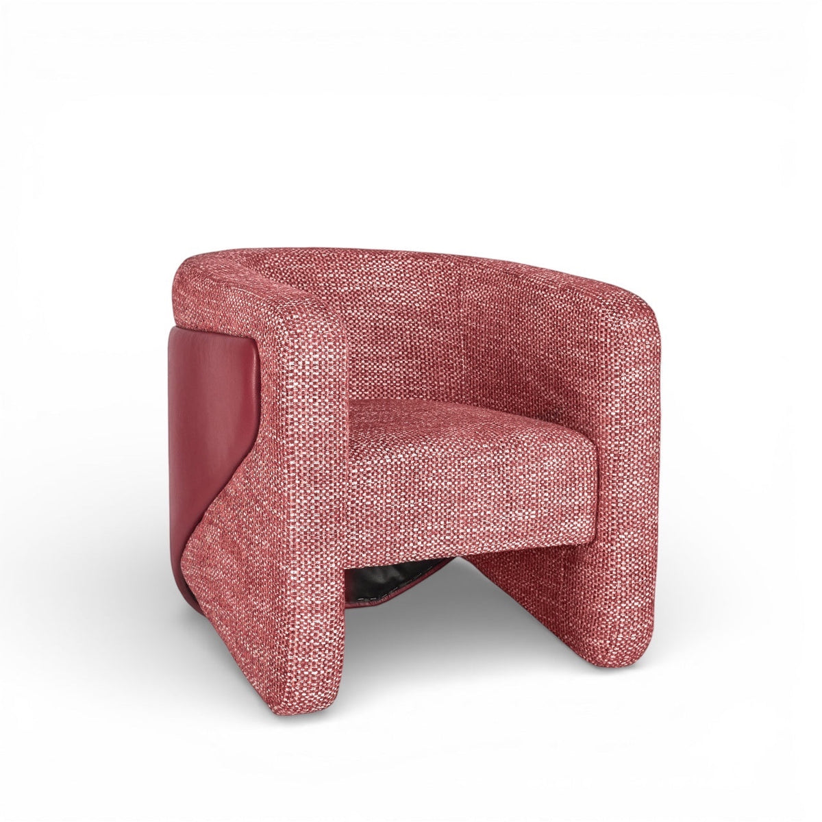Angled front view of the Vaya Home Roxy accent chair with rose textured upholstery, rounded arms, and a sculptural silhouette.