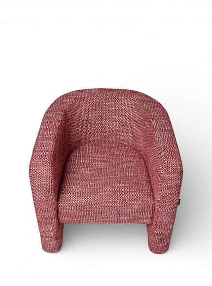 Front view of the Vaya Home Roxy accent chair with rounded armrests, compact seat, and rose textured upholstery.
