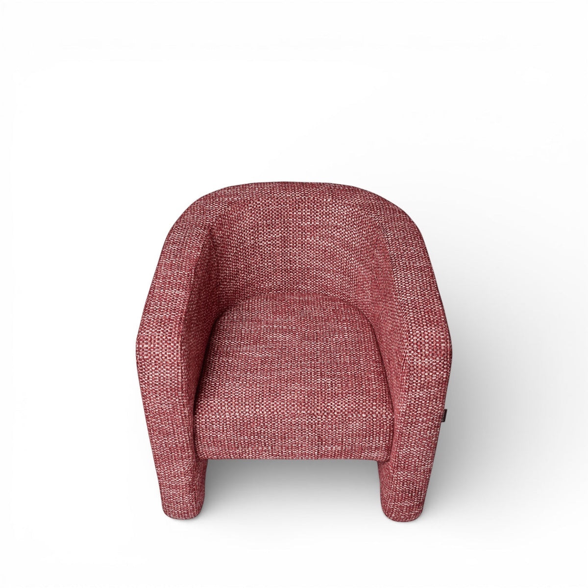 Front view of the Vaya Home Roxy accent chair with rounded armrests, compact seat, and rose textured upholstery.