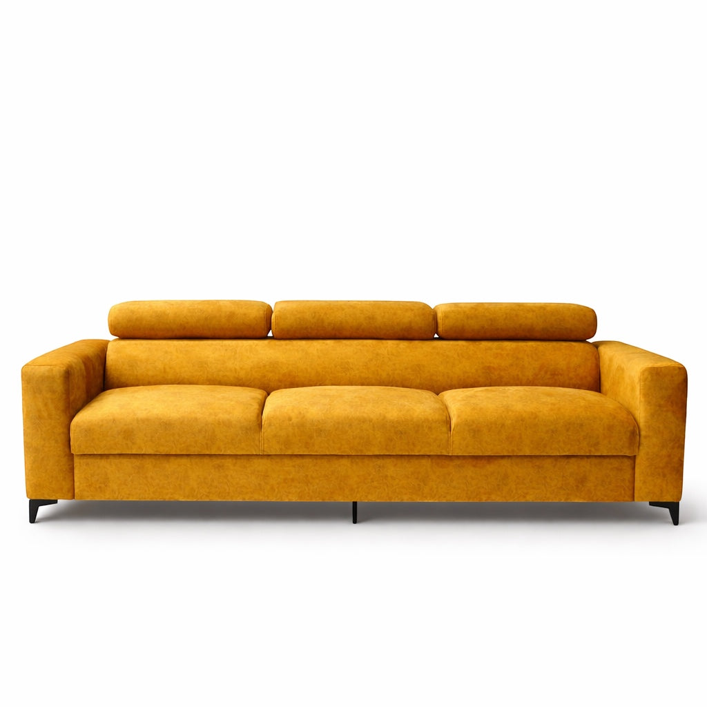 Front view of the Vaya Home Saffron modern sofa with mustard yellow upholstery, tufted seat cushions, and adjustable headrests in a lowered position.