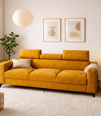 Vaya Home Saffron modern sofa in mustard yellow upholstery, styled in a contemporary living room.