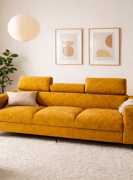 Vaya Home Saffron modern sofa in mustard yellow upholstery, styled in a contemporary living room.