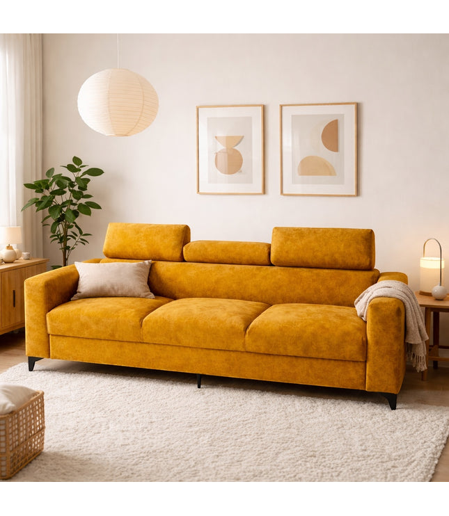 Vaya Home Saffron modern sofa in mustard yellow upholstery, styled in a contemporary living room.