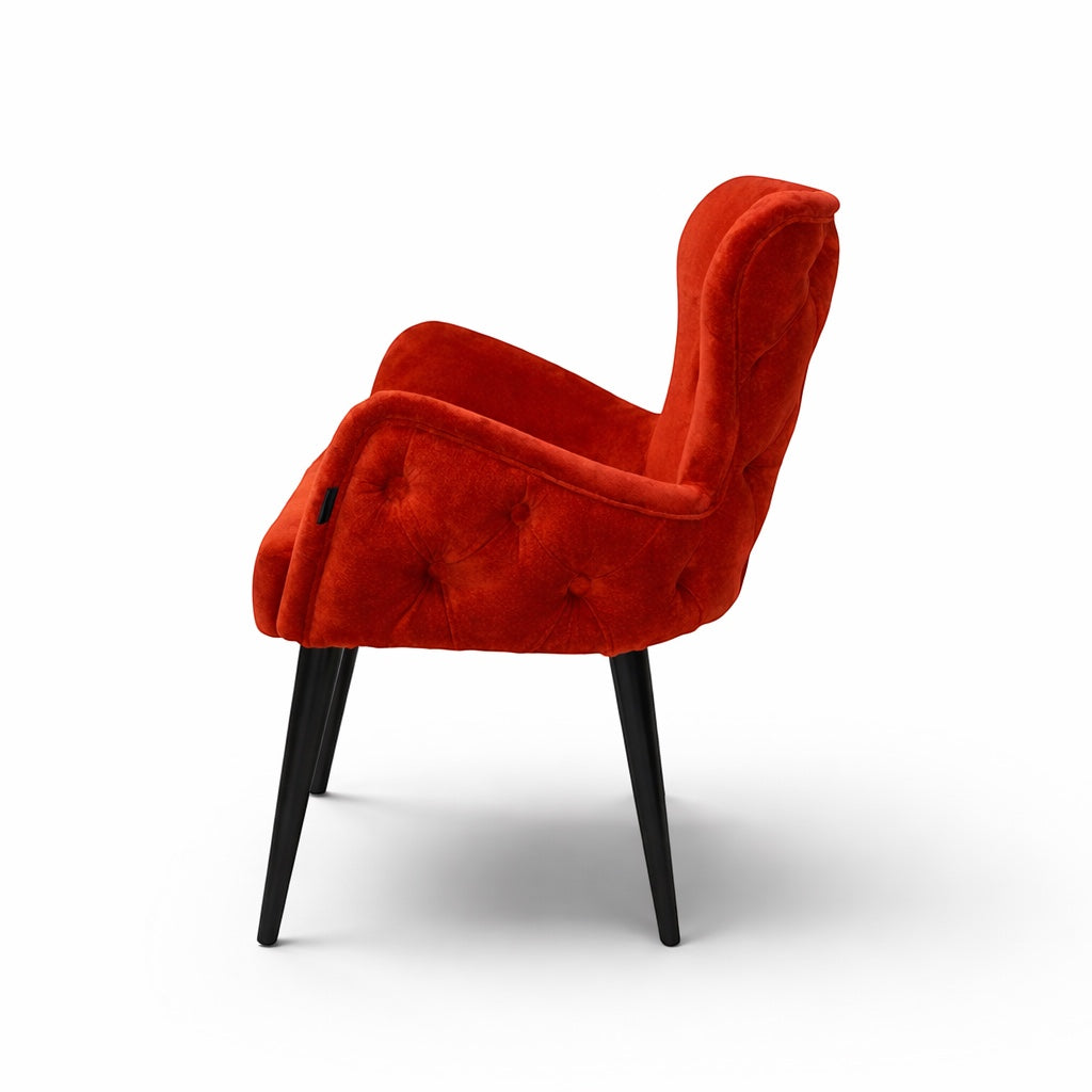 Vaya Home Sienna accent chair in vibrant red velvet with button tufting and black tapered legs.
