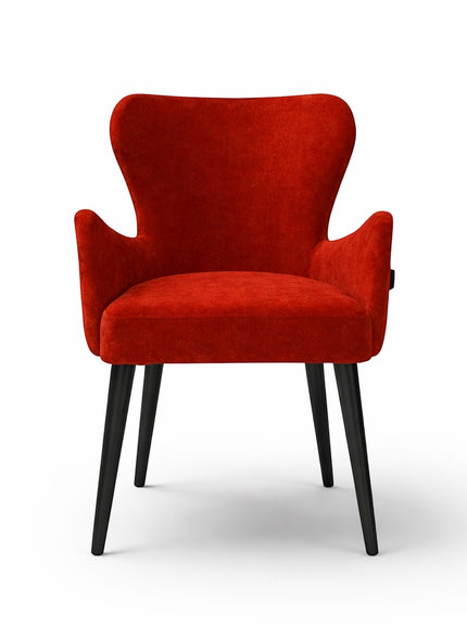 Vaya Home Sienna red velvet accent chair with curved backrest, button tufting, and tapered black legs.