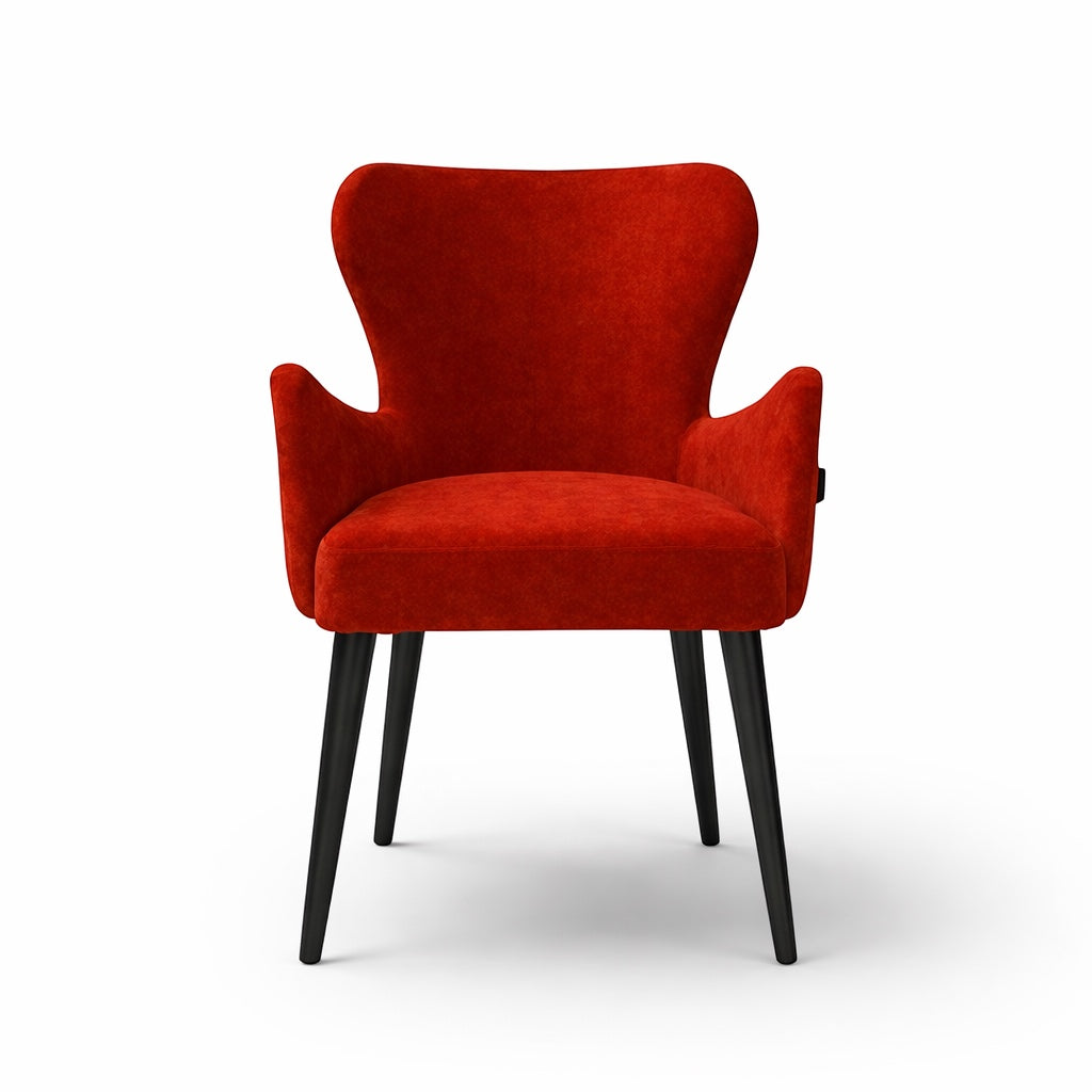 Vaya Home Sienna red velvet accent chair with curved backrest, button tufting, and tapered black legs.