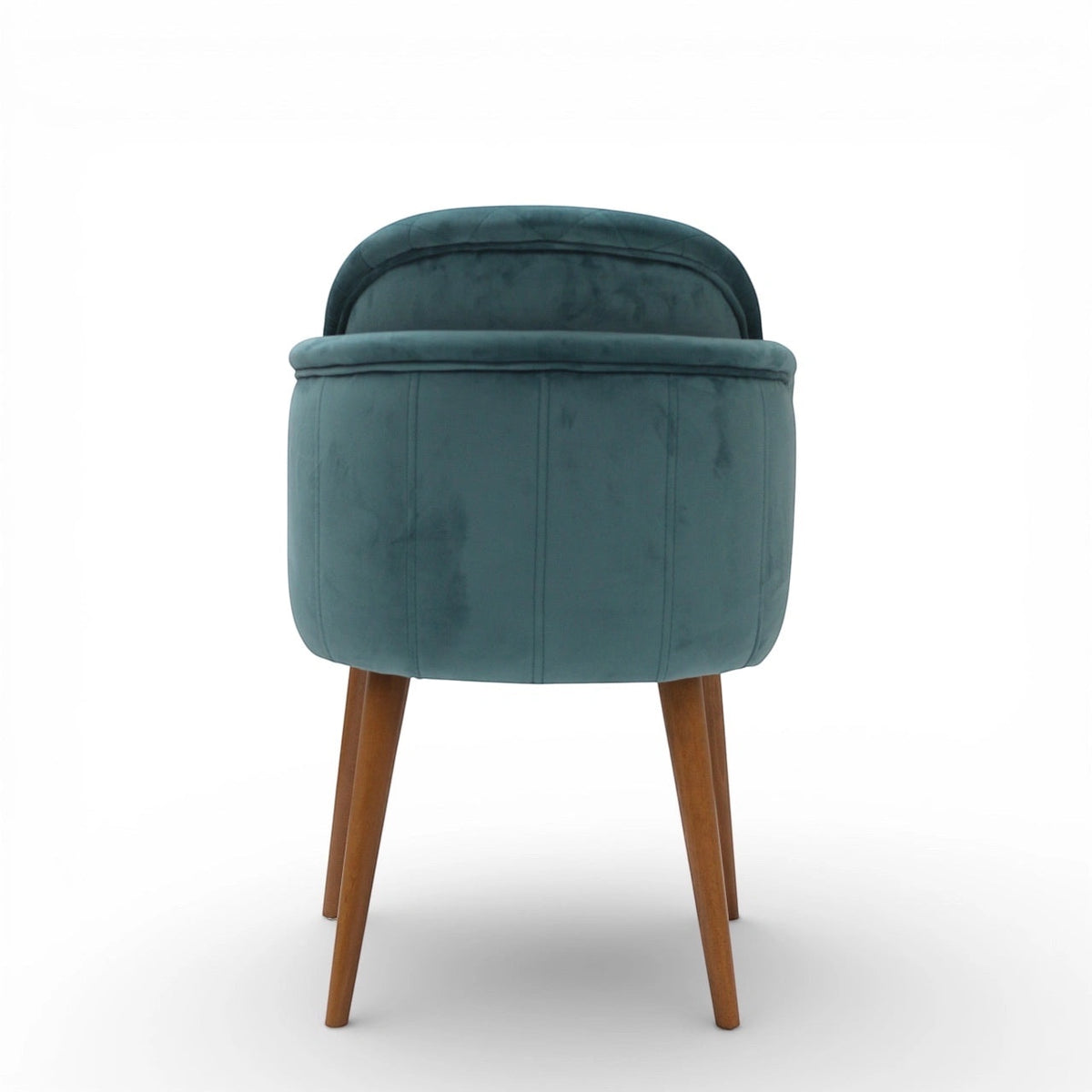 Back view of the Vaya Home Silver dining chair with blue upholstery and tapered wood legs.
