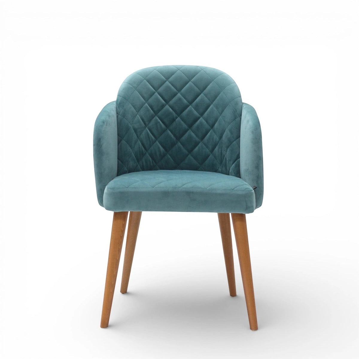 Front view of the Vaya Home Silver dining chair with blue upholstery, diamond-quilted backrest, curved arms, and tapered wood legs.