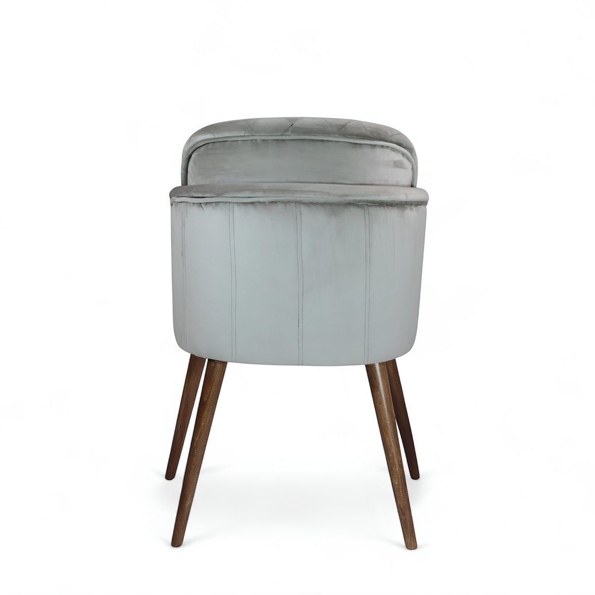 Back view of the Vaya Home Silver dining chair featuring gray upholstery and tapered wood legs.