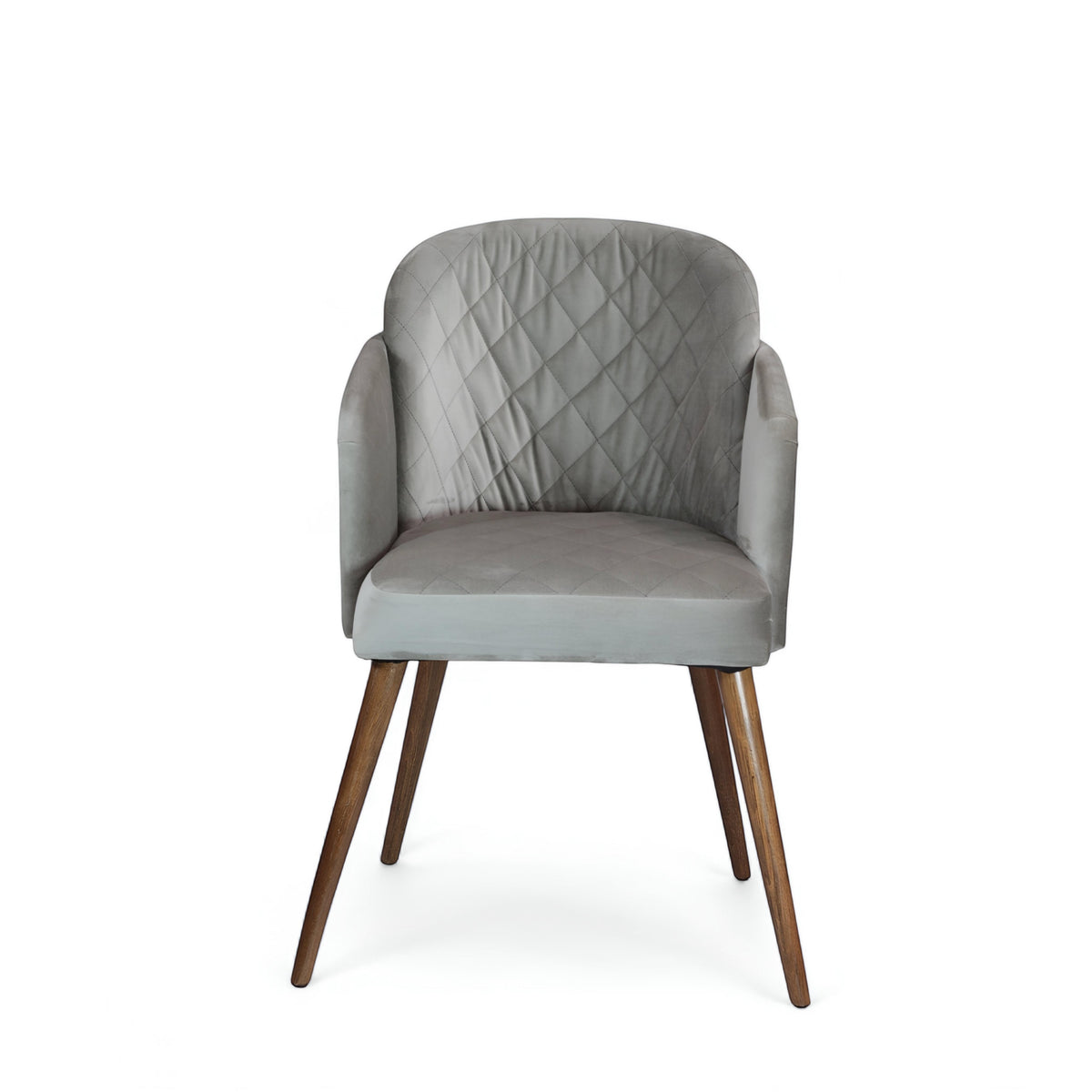 Front view of the Vaya Home Silver dining chair with gray upholstery, diamond-quilted backrest, curved arms, and tapered wood legs.