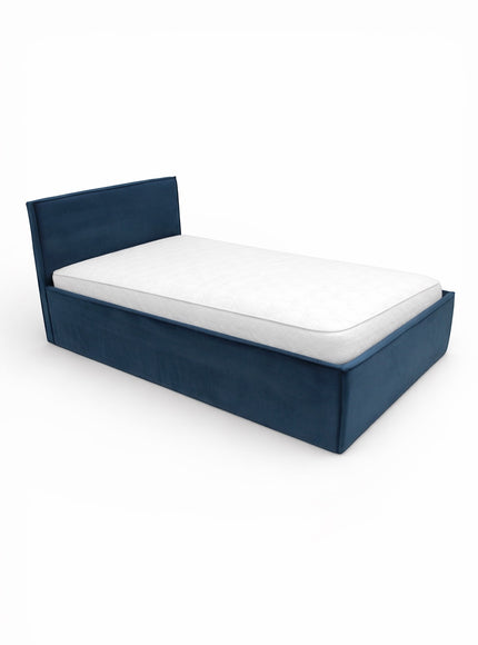 Side angled view of the Vaya Home Soho bed with blue upholstery and a simple rectangular headboard.