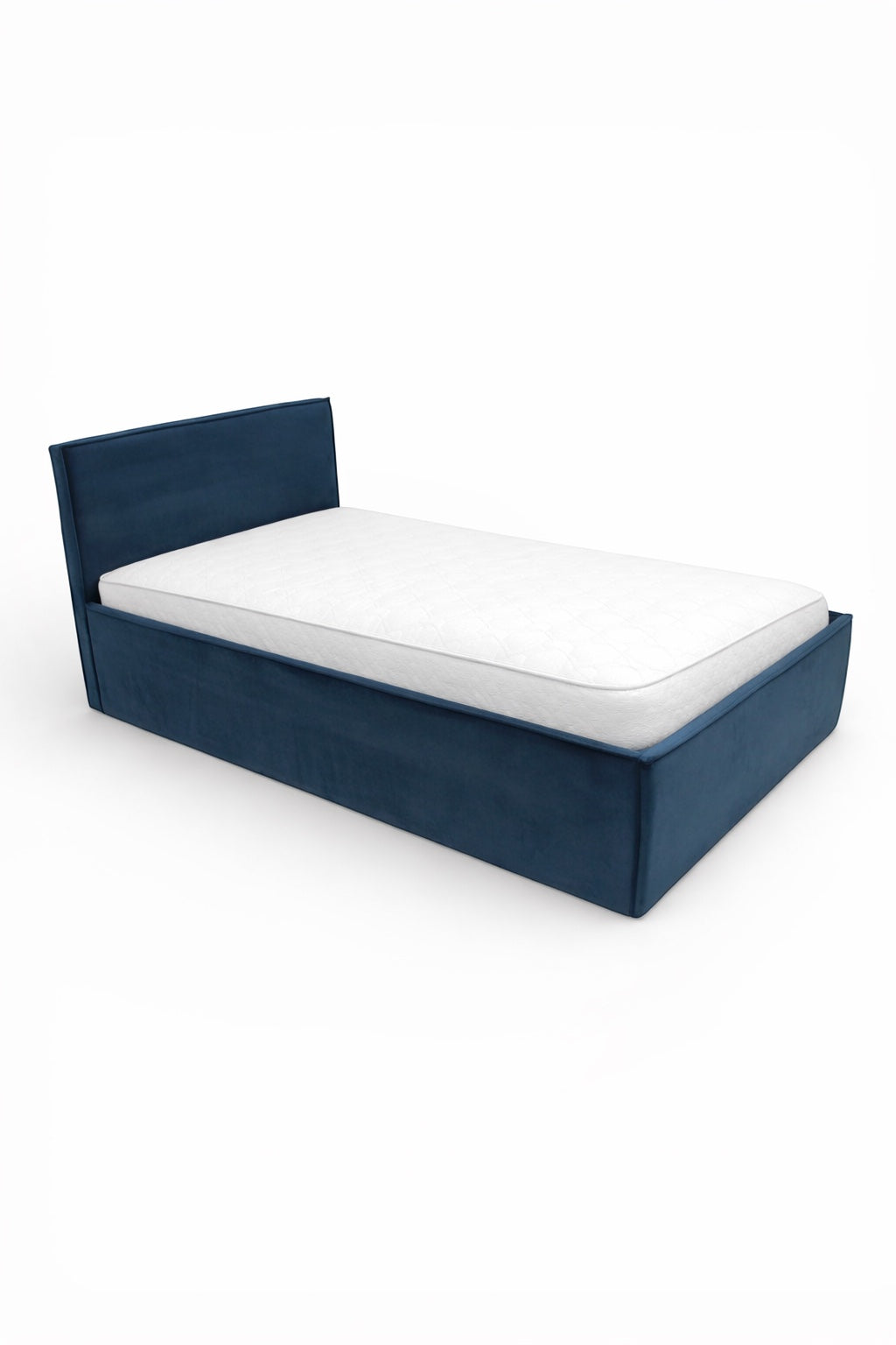 Side angled view of the Vaya Home Soho bed with blue upholstery and a simple rectangular headboard.