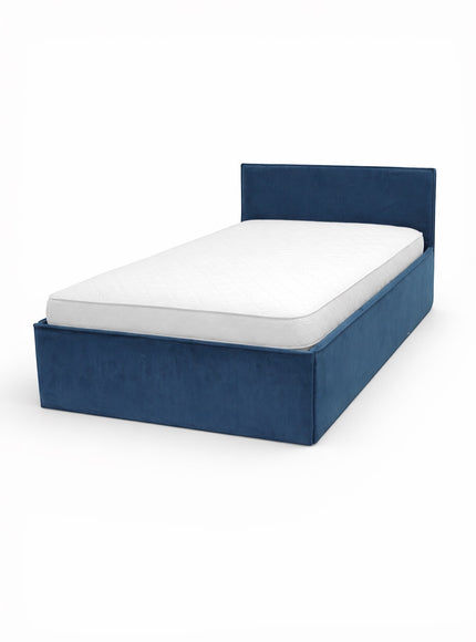 Angled front view of the Vaya Home Soho upholstered bed featuring blue fabric upholstery and a clean-lined headboard.