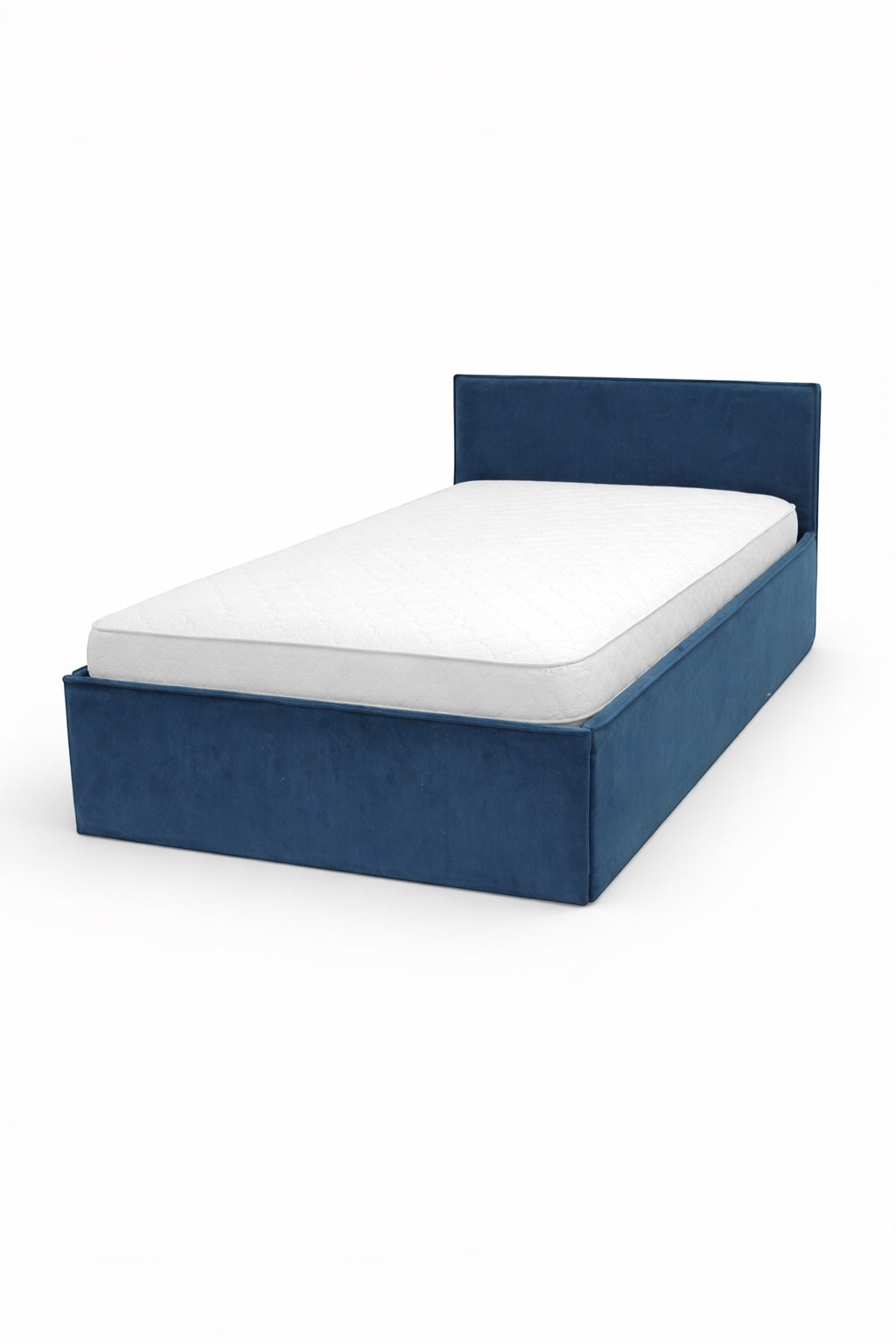 Angled front view of the Vaya Home Soho upholstered bed featuring blue fabric upholstery and a clean-lined headboard.