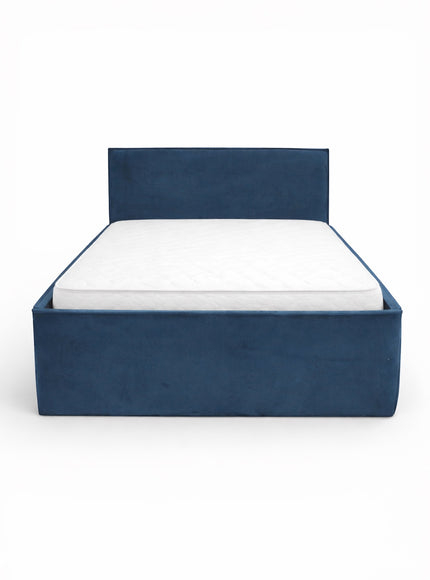 Front view of the Vaya Home Soho upholstered bed with a blue fabric frame and straight headboard.