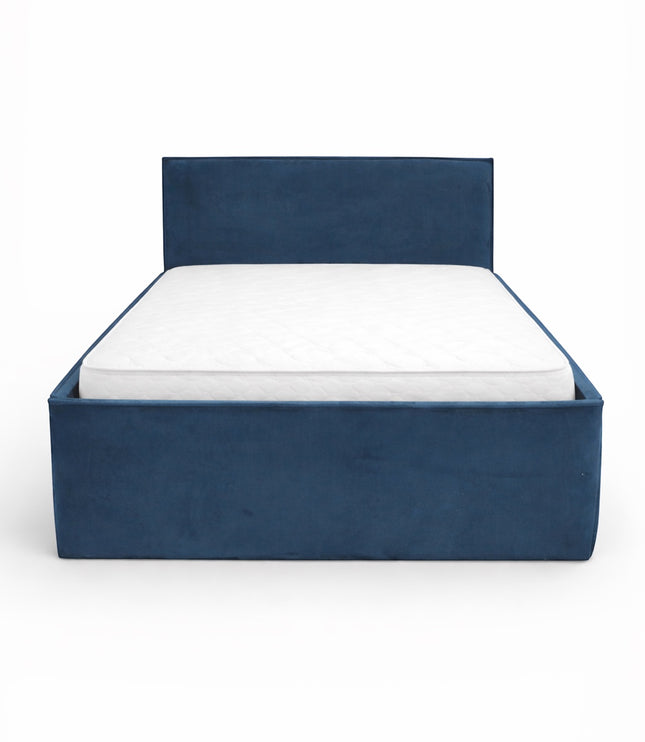 Front view of the Vaya Home Soho upholstered bed with a blue fabric frame and straight headboard.