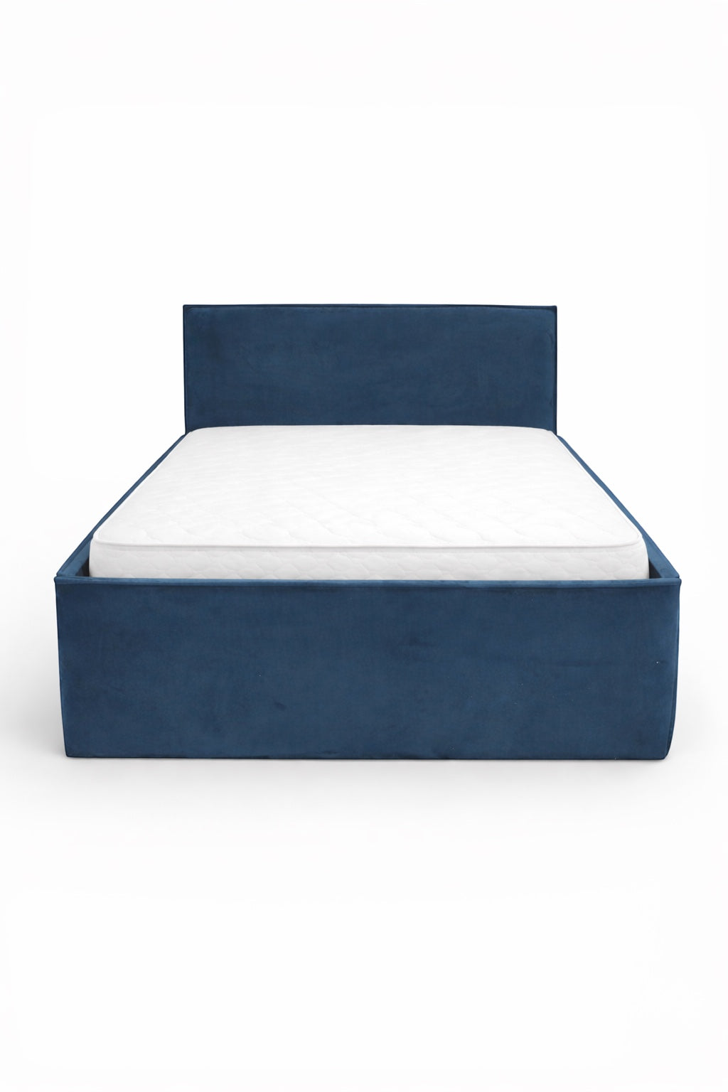 Front view of the Vaya Home Soho upholstered bed with a blue fabric frame and straight headboard.