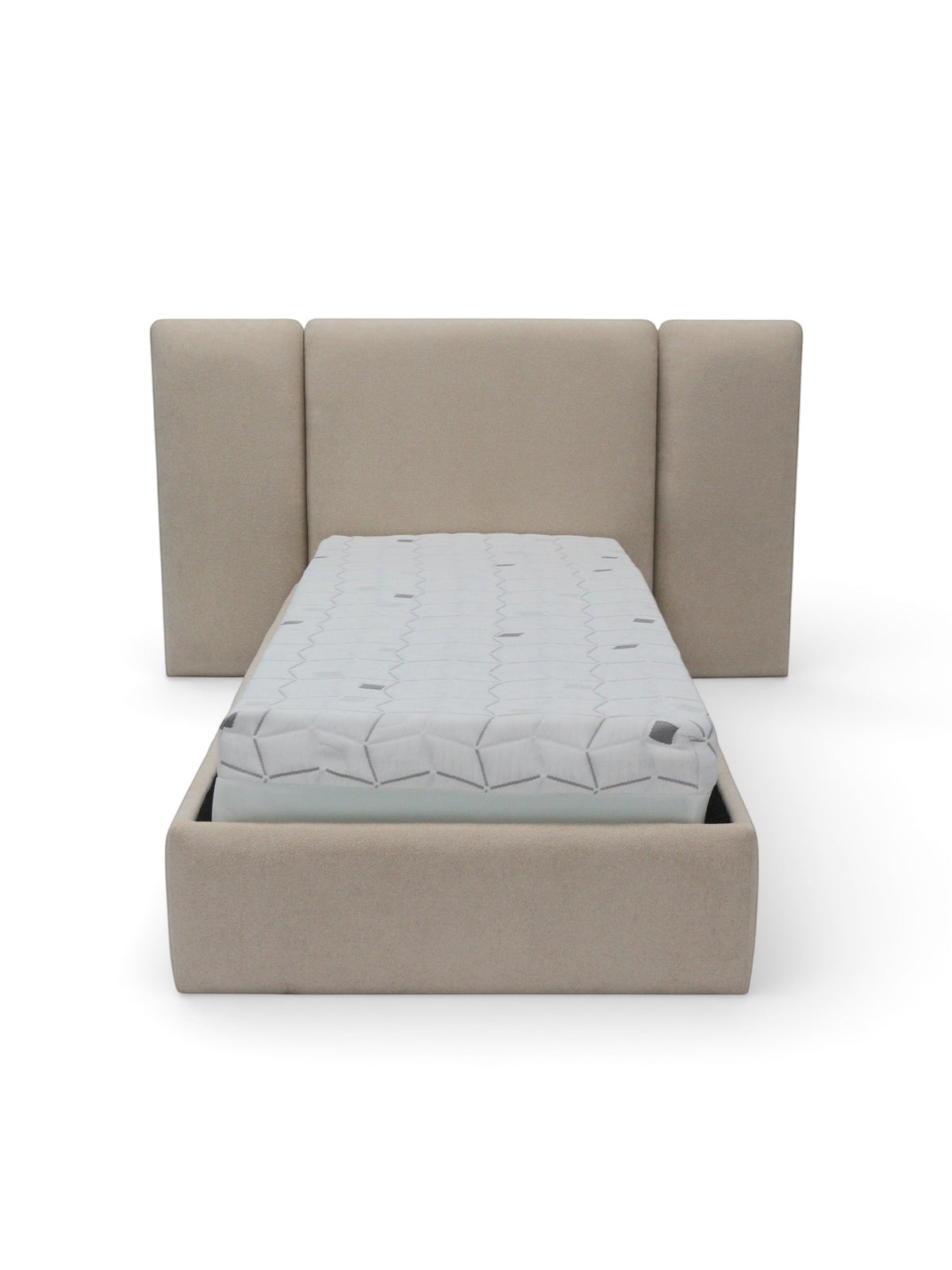 Front view of the Vaya Home Sutton kids bed with beige upholstery and a wingback-style headboard.