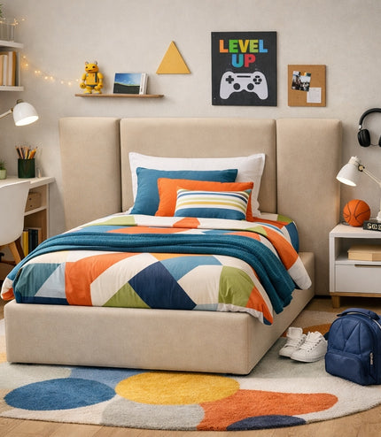 Vaya Home Sutton kids upholstered bed in beige fabric with a wingback headboard, styled in a modern children's bedroom.