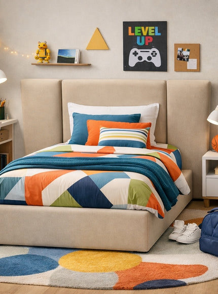 Vaya Home Sutton kids upholstered bed in beige fabric with a wingback headboard, styled in a modern children's bedroom.