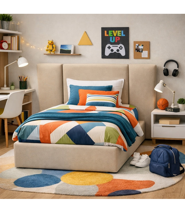 Vaya Home Sutton kids upholstered bed in beige fabric with a wingback headboard, styled in a modern children's bedroom.