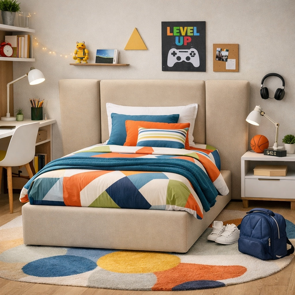Vaya Home Sutton kids upholstered bed in beige fabric with a wingback headboard, styled in a modern children's bedroom.