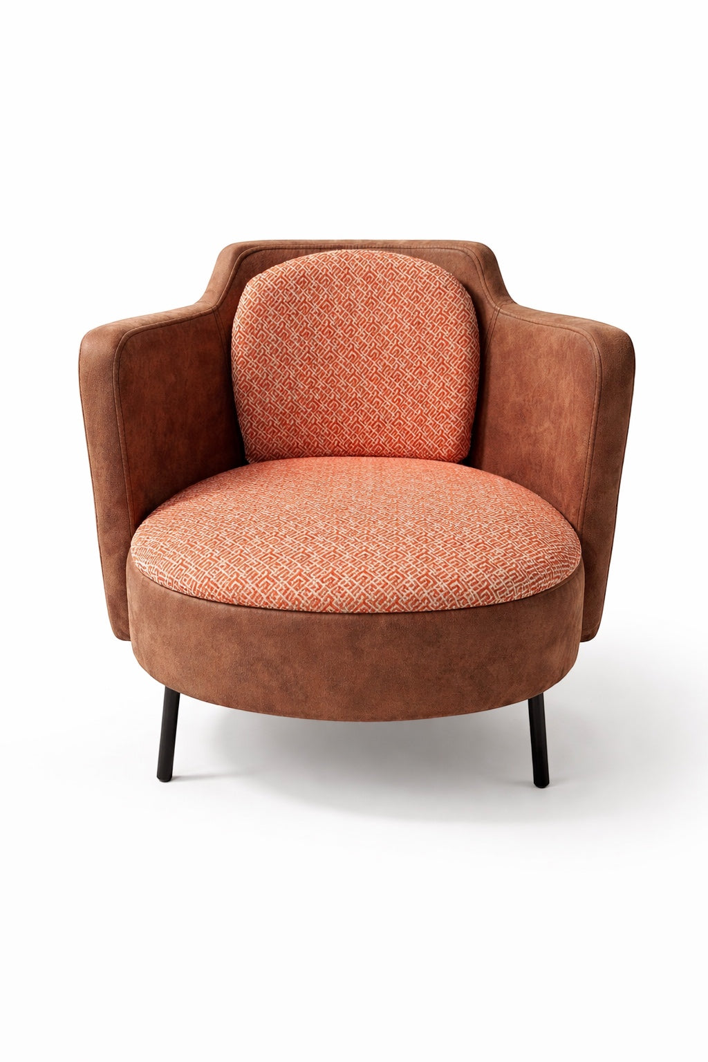 Vaya Home Terracotta armchair with rounded silhouette, brown eco-leather exterior, and orange geometric patterned upholstery.
