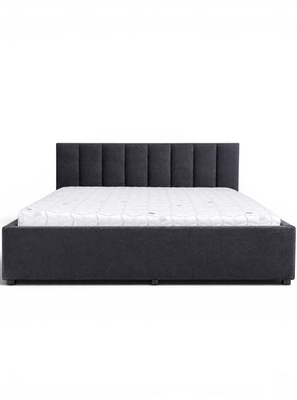 Front view of the Vaya Home Torino upholstered platform bed with a vertical channel-tufted headboard and dark gray frame.