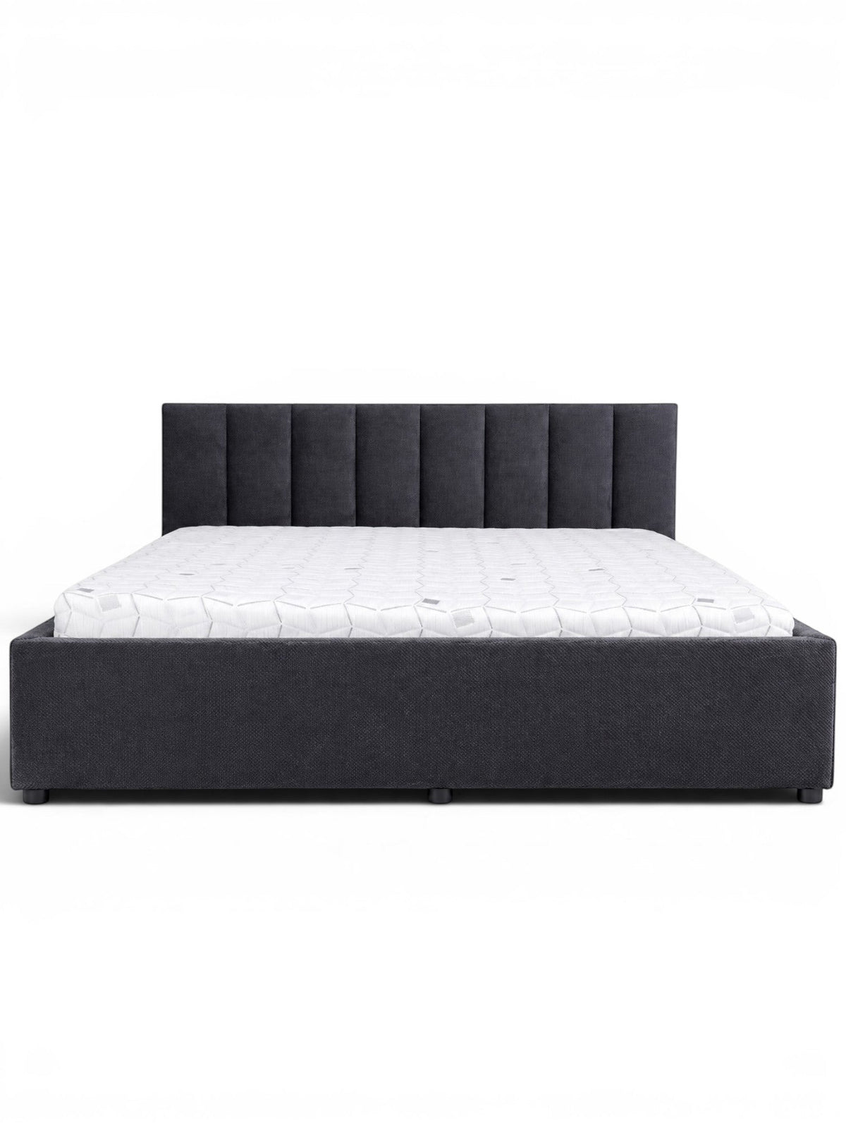 Front view of the Vaya Home Torino upholstered platform bed with a vertical channel-tufted headboard and dark gray frame.