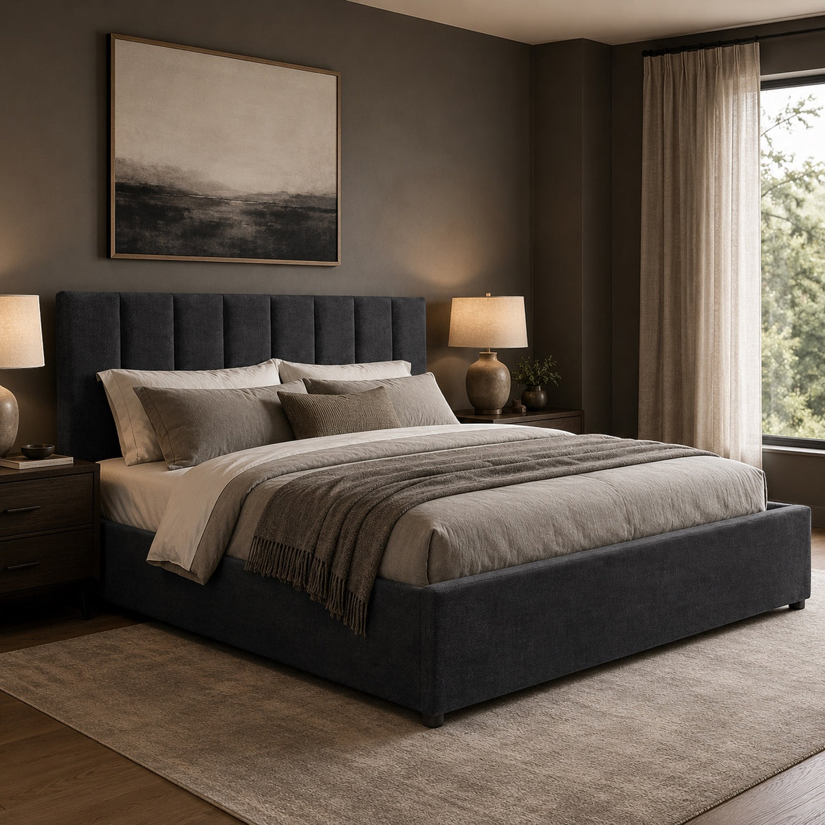 Vaya Home Torino upholstered platform bed in dark gray with a channel-tufted headboard, styled in a modern bedroom.