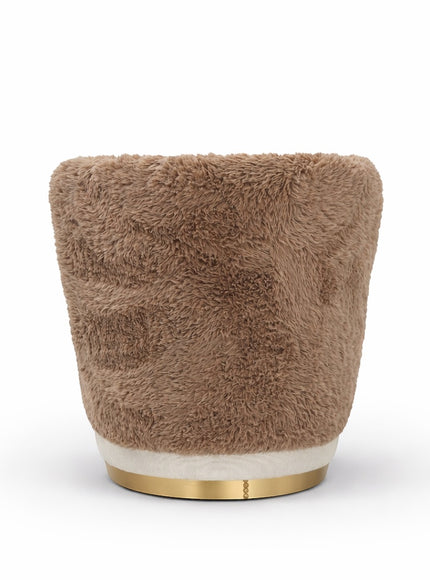 Back view of the Vaya Home Valmont accent chair with brown textured upholstery and gold base detail.