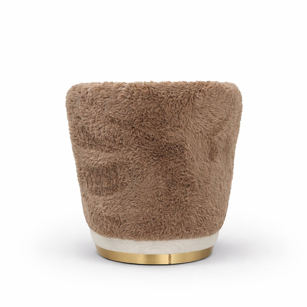 Back view of the Vaya Home Valmont accent chair with brown textured upholstery and gold base detail.