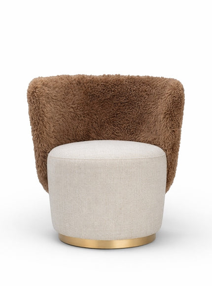 Front view of the Vaya Home Valmont accent chair featuring a cream upholstered seat, brown textured wraparound back, and gold base detail.