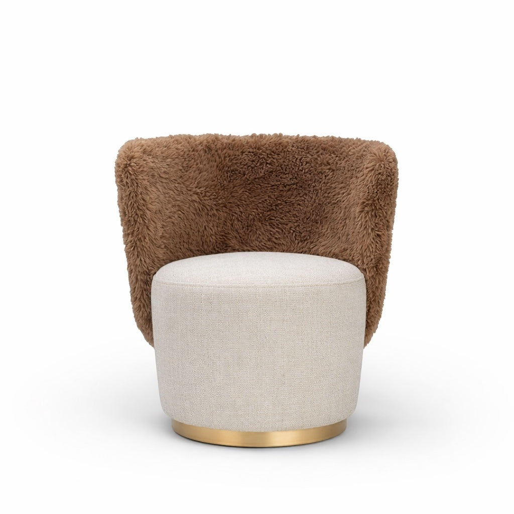 Front view of the Vaya Home Valmont accent chair featuring a cream upholstered seat, brown textured wraparound back, and gold base detail.