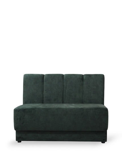 Front view of the Vaya Home Vert armless loveseat with deep green velvet upholstery and a channel-tufted backrest.