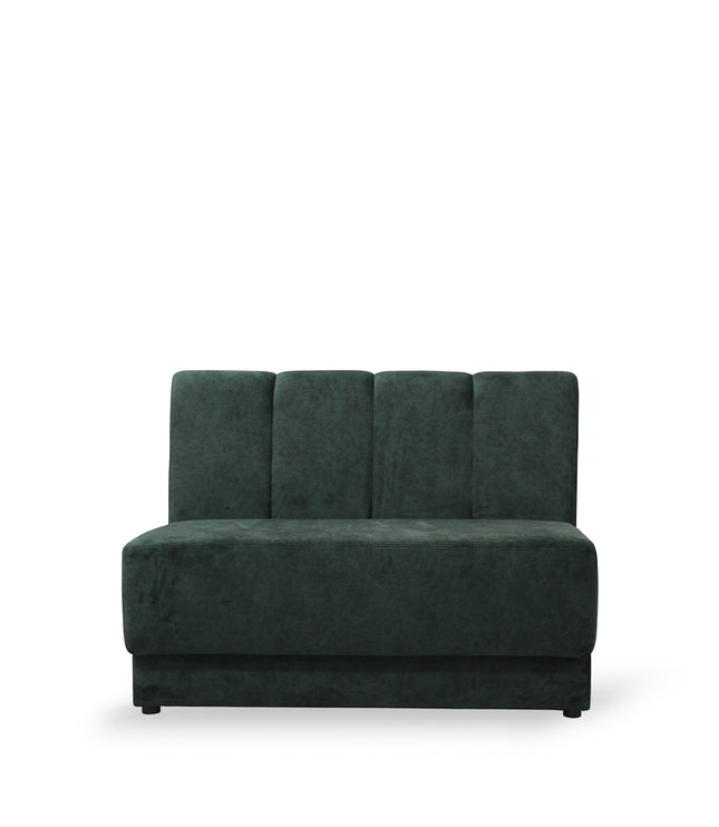 Front view of the Vaya Home Vert armless loveseat with deep green velvet upholstery and a channel-tufted backrest.