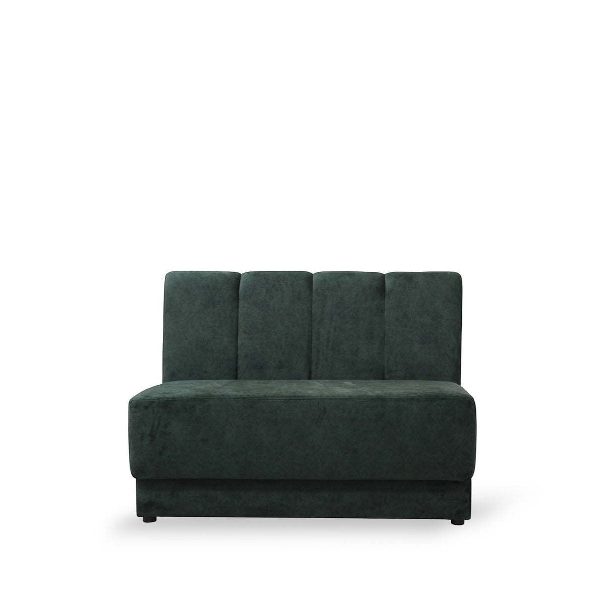 Front view of the Vaya Home Vert armless loveseat with deep green velvet upholstery and a channel-tufted backrest.
