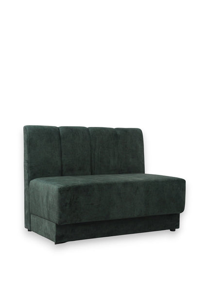 Angled view of the Vaya Home Vert armless loveseat featuring deep green velvet upholstery and a low-profile modern silhouette.