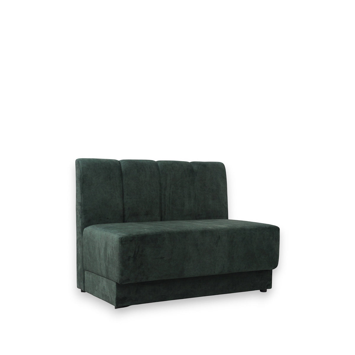 Angled view of the Vaya Home Vert armless loveseat featuring deep green velvet upholstery and a low-profile modern silhouette.