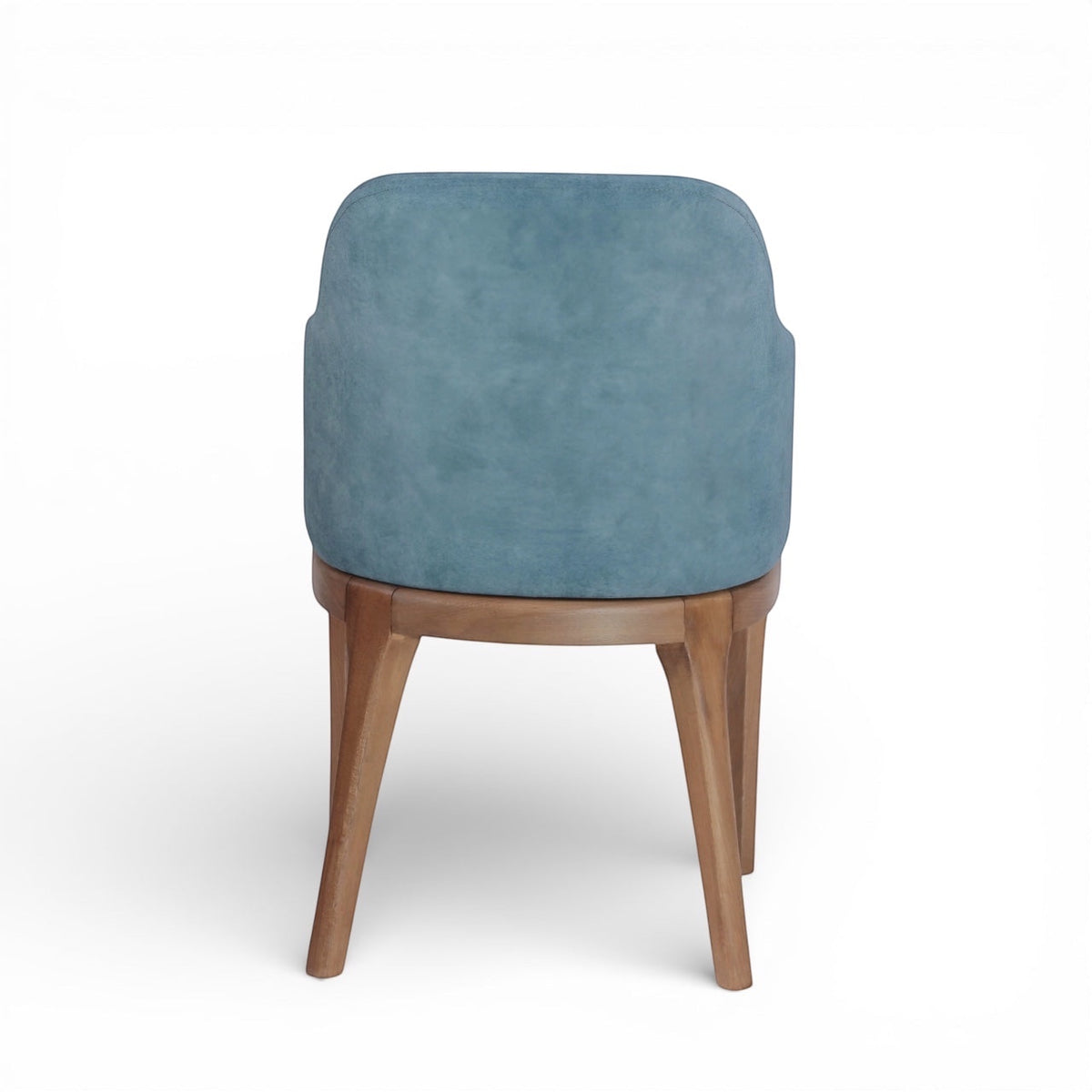 Back view of the Vaya Home Verve dining chair with blue upholstery and tapered wood legs.
