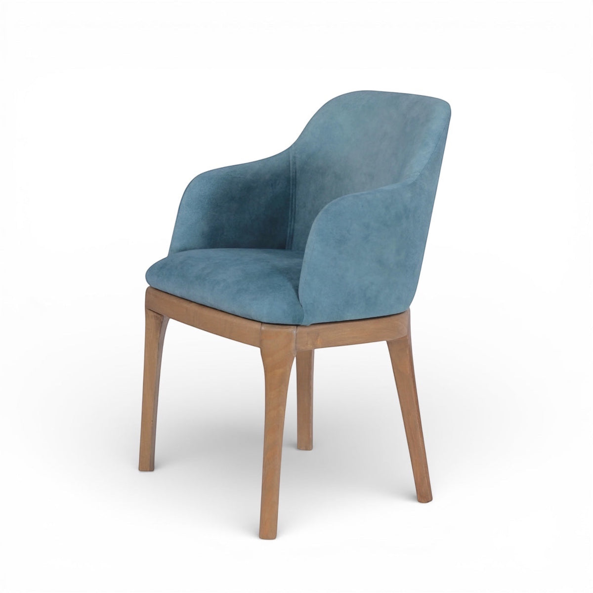 Front angled view of the Vaya Home Verve dining chair with blue upholstery, curved arms, and tapered wood legs.