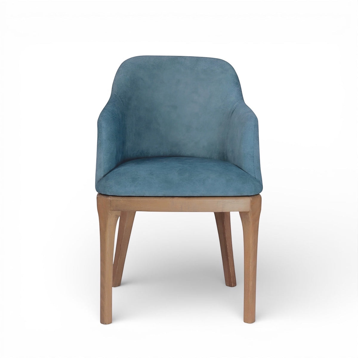Front view of the Vaya Home Verve dining chair featuring blue upholstery, integrated arms, and tapered wood legs.